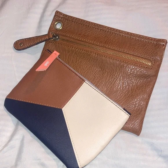 Ipsy Brown and Cream and navy blue Geometric Clutch Set - Picture 1 of 6